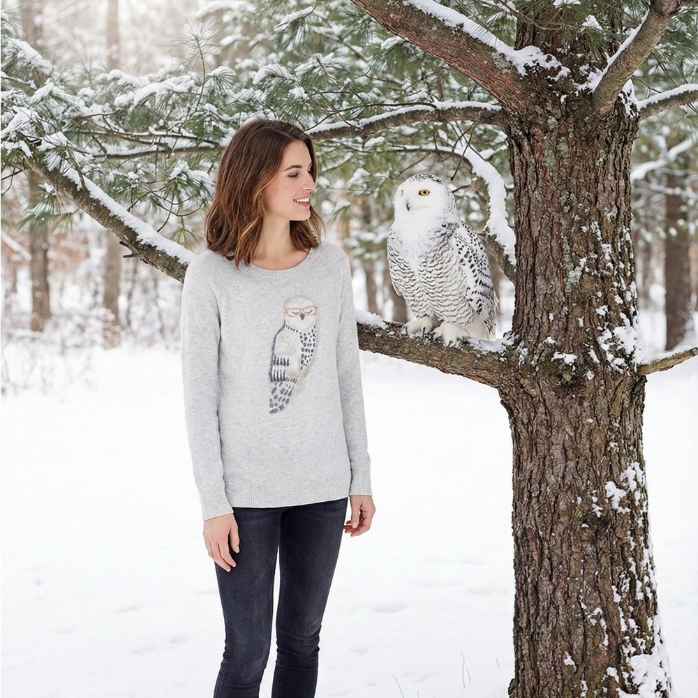 LOFT Heather Gray Knit Top with Owl Detail